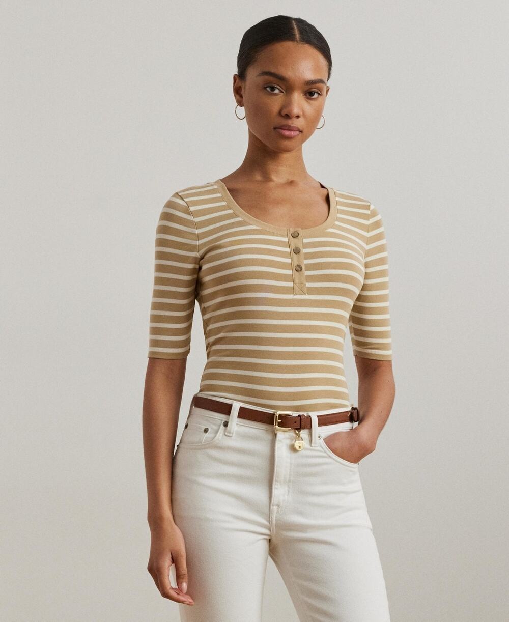 Lauren Ralph Lauren Women's Striped Elbow-Sleeve Henley Top Tan Size XXL 3652